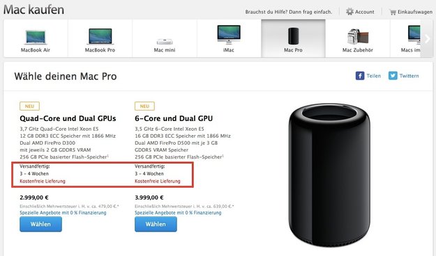 Mac Pro: Jetzt binnen drei bis vier Wochen lieferbar