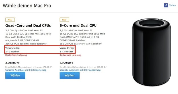 Mac Pro: Lieferzeiten jetzt binnen zwei bis drei Wochen