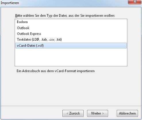 vcf datei import thunderbird