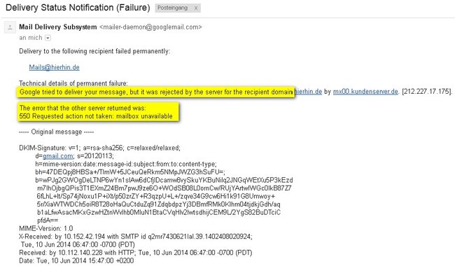 Mail Delivery System: Der Grund der Unzustellbarkeit steht dort