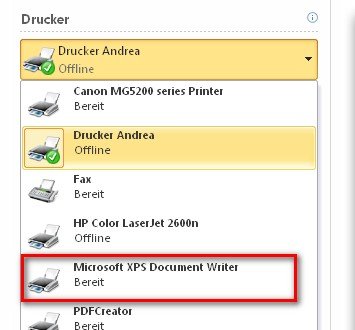 Der Microsoft XPS Document Writer taucht als Drucker auf