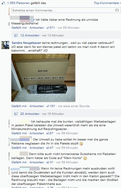 Amazon gibt bekannt, keine Papierrechnungen mehr zu Paketen beizulegen – die Facebook-Nutzer geben ihre eigene Meinung dazu ab. (Bildquelle: GIGA)