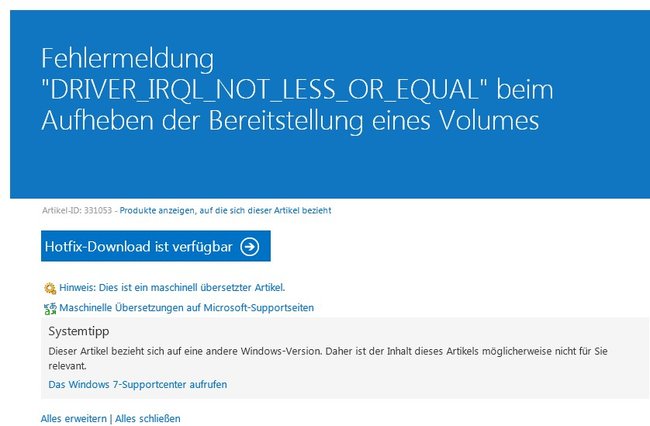 Für die Meldung driver irql not less or equal hält Microsoft Lösungen bereit