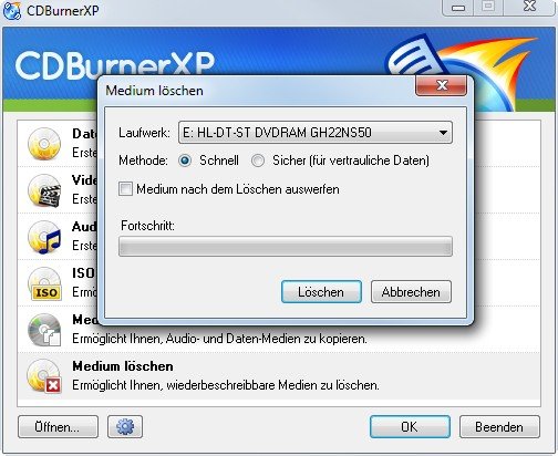 Hier heißt es nicht DVD formatieren sondern Medium löschen