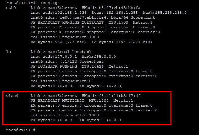 Raspberry Pi: Der Befehl "ifconfig" zeigt das neue WLAN-Netzwerk "wlan0" an.