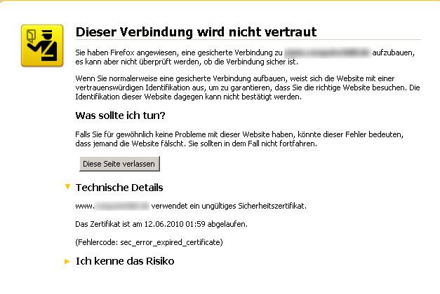 Wenn das Sicherheitszertifikat abgelaufen ist, werden wir vom Browser gewarnt