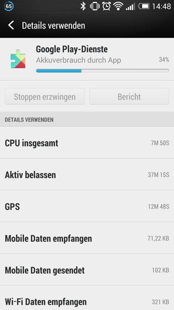 Zwar sagt uns Android zwar, dass Google Play Service das Smartphone recht oft vom Schlafen abhält, wieso und wie genau, das erfahren wir allerdings nicht.