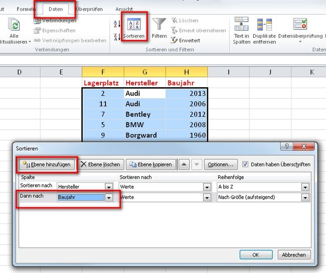 Excel kann auch mehrere Spalten sortieren