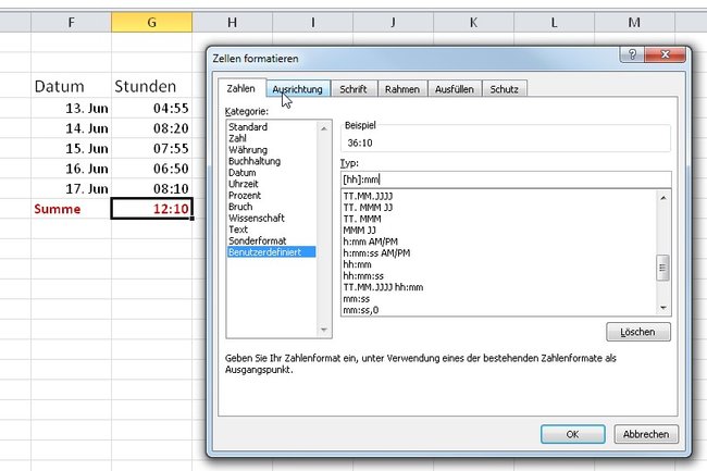 excel stunden addieren format