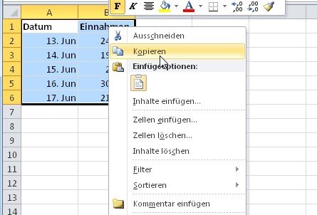 Zuerst müsst Ihr die Daten in den Speicher kopieren, wenn Ihr eine Excel Tabelle in Word einfügen wollt