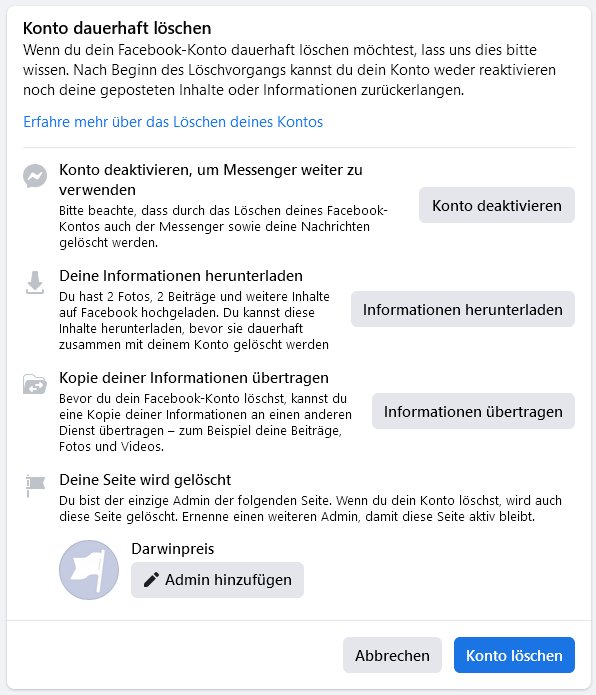Screenshot des Abfrage-Dialogs, der bei Facebook angezeigt wird, wenn man das Konto löschen möchte.