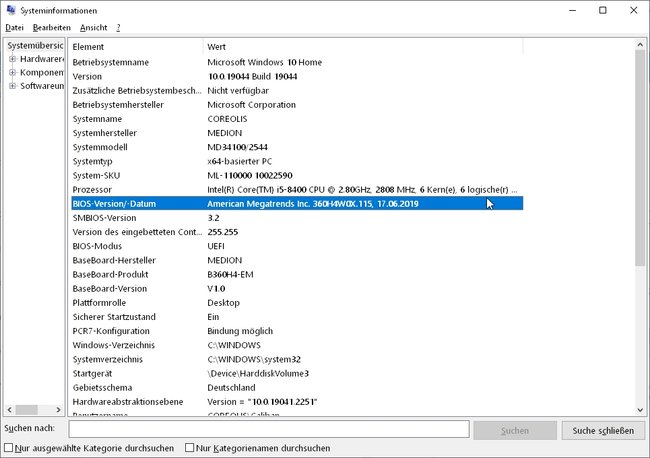 Screenshot aus dem Windows-Tool msinfo32, auf dem unter anderem die Version und der Hersteller des BIOS angezeigt werden.