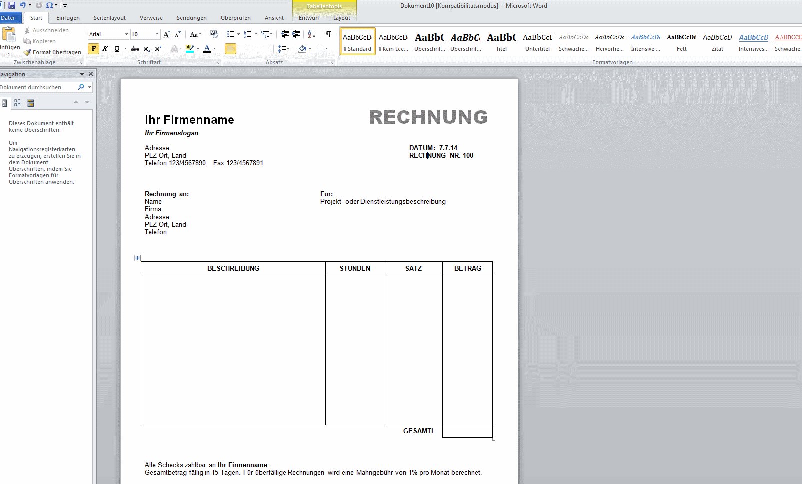 Rechnungsvorlage Word Erstellen