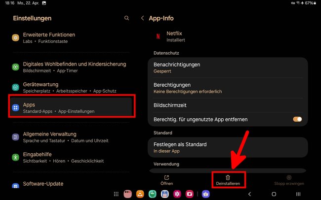 Hier lässt sich beispielsweise die Netflix-App deinstallieren. (Bildquelle: GIGA)