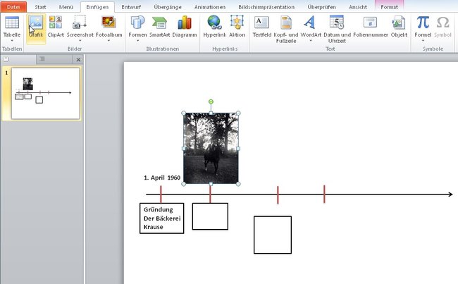 Der Zeitstrahl in PowerPoint besteht auch nur aus Linien, Kästen und Textfeldern