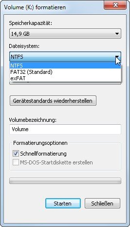 Windows kann jedes Laufwerk auch in FAT32 formatieren