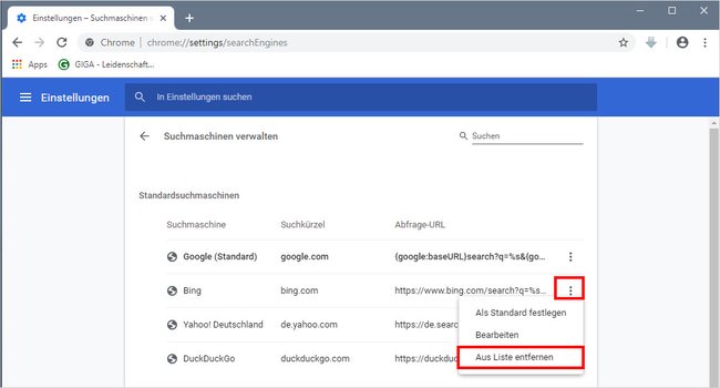 Hier löscht ihr Bing aus Chrome. (Bildquelle: GIGA)