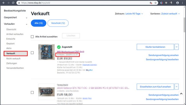 In der Übersicht „Verkauft“ findet ihr die Artikelnummern unter dem Artikel. (Bildquelle: eBay)