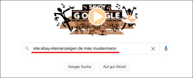 So sucht ihr nach eBay-Kleinanzeigen, in denen der Nutzer „max mustermann“ vorkommt. Bild: Google