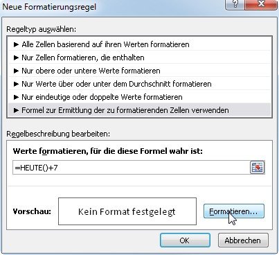 Bedingte Formatierung nach Regel: Excels aktuelles Datum plus X