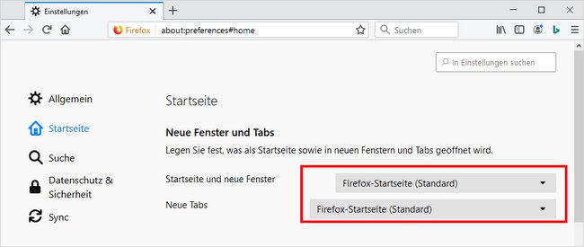 Das sind die Standard-Einstellungen für die Firefox-Startseite.