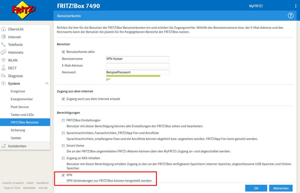 Fritzbox: Diese Berechtigungen benötigt der Benutzer für VPN-Zugriff.