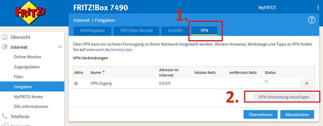 Fritzbox: Hier fügt ihr eine neue VPN-Verbindung hinzu.
