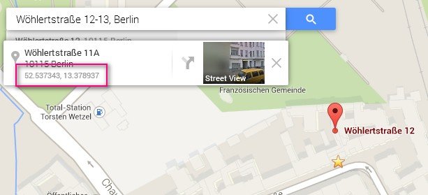 Google Maps zeigt Koordinaten zu jeder Adresse auch an