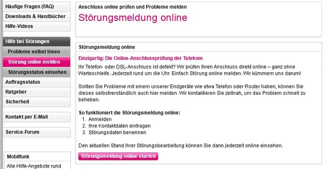 Telekom-Störung online melden