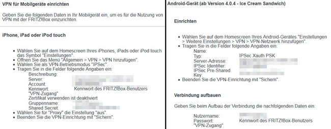 Die Fritzbox zeigt euch die benötigten VPN-Einstellungen für VPN-Clients an.