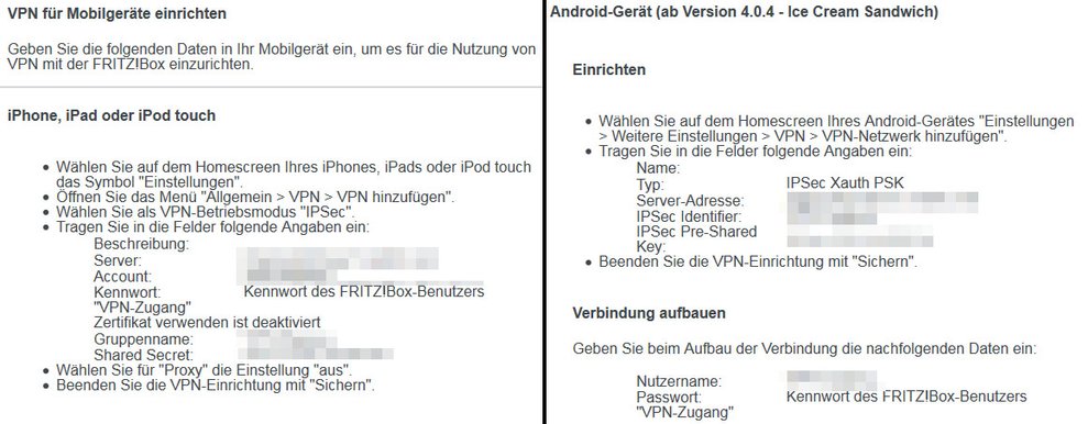 Die Fritzbox zeigt euch die benötigten VPN-Einstellungen für VPN-Clients an.
