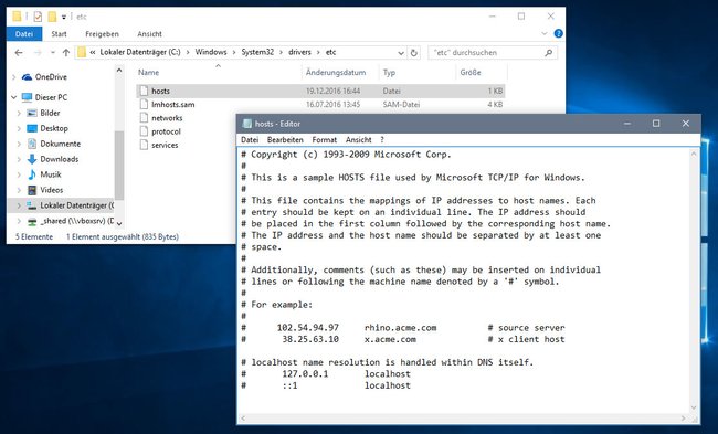 Die Hosts-Datei könnt ihr im gewöhnlichen Editor öffnen. (Bildquelle: GIGA)
