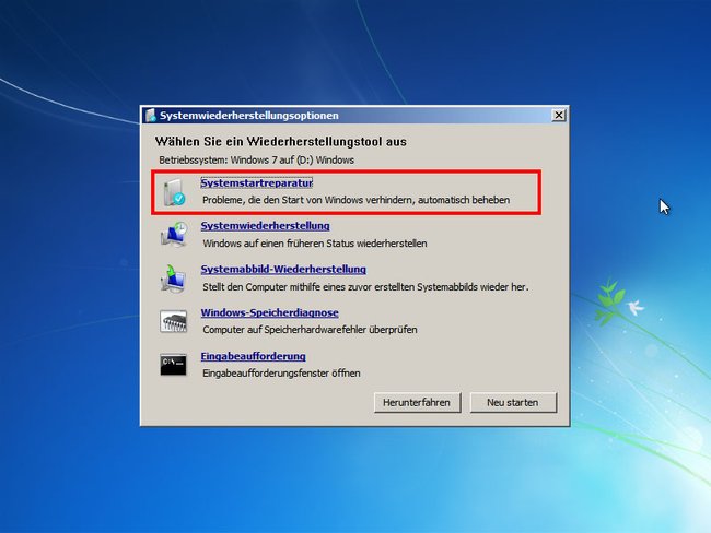 Wenn Windows nicht startete, hilft es, von der Installations-DVD zu booten.