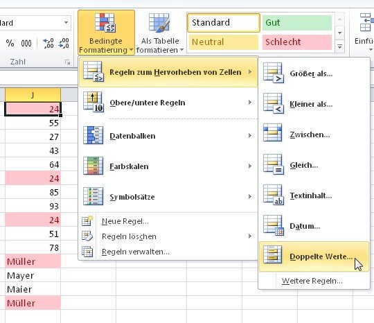 In Excel doppelte Werte markieren