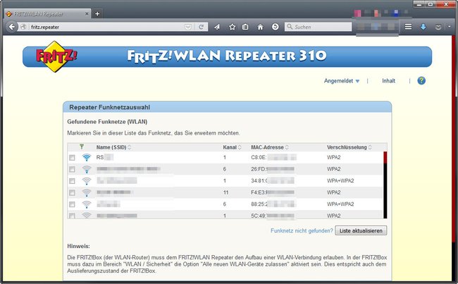 Hier konfiguriert ihr den Fritz Repeater für euer WLAN-Netzwerk. Bild: GIGA
