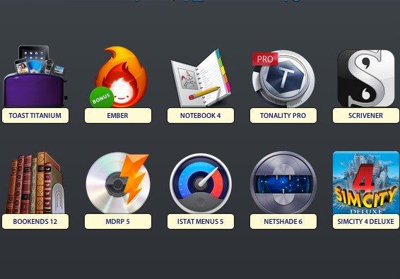 Software-Bundle für Mac mit Roxio Toast, Tonality, Scrivener, Bookends und SimCity