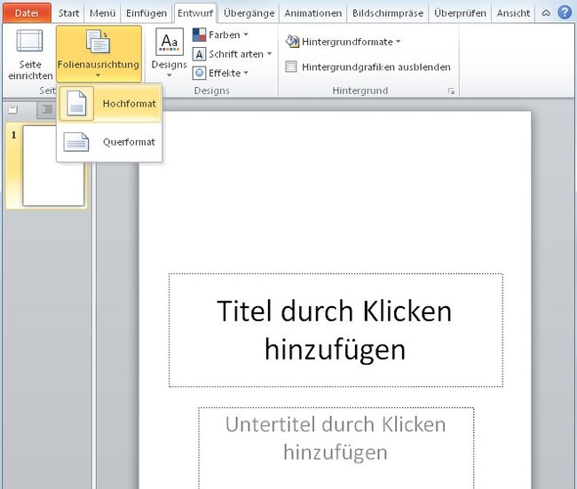 Mit einem Klick zwiesen dem PowerPoint Hochformat oder Querformat umschalten