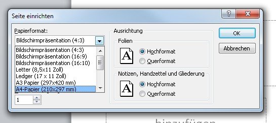 Hier stellet Ihr das PowerPoint Hochformat ein und könnt auch die Seitengröße ändern