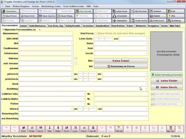 Die Stammbaum-Software RS-Ahnen bietet gleich alle Optionen der Dateneingabe in einem Fenster