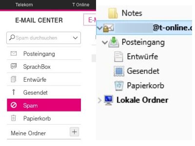 Der T-Online-Spam-Ordner wird nur in der Webmail angezeigt.