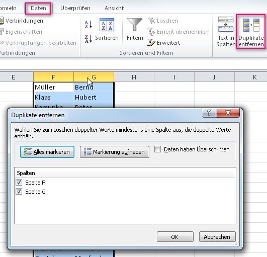 Noch ein Klick und schon wird Excel Duplikate entfernen