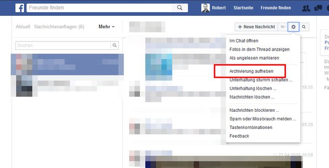 Facebook: Hier hebt ihr die Archivierung auf, um die Nachricht wiederherzustellen.