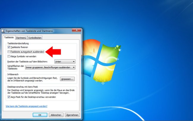 Entfernt das Häkchen, um die Taskleiste wieder einzublenden