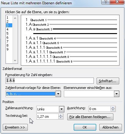 Word kann Überschriften automatisch in allen Ebenen anders nummerieren