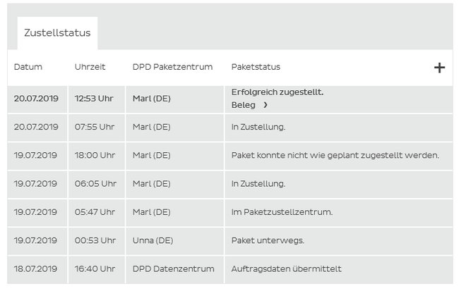 Auf dem Bild sind die Statusmeldungen einer DPD-Sendung an verschiedenen Tagen zu unterschiedlichen Uhrzeiten zu sehen. Es beginnt mit den Auftragsdaten und endfet mit der erfolgreichen Zustellung der Sendung.