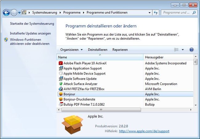 In der Liste der deinstallierbaren Programme taucht der Dienst „Bonjour“ ebenfalls auf. Bild: borncity.com