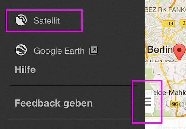 Die Google Maps Satelliten-View verbirgt sich in der App