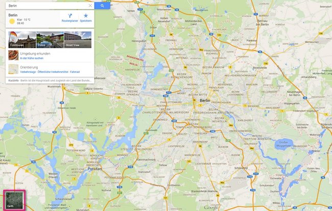 Mit einem Klick auf Earth schalten wir Google Maps in den Satelliten-Modus