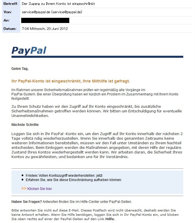 Paypal Konto Gesperrt Mail
