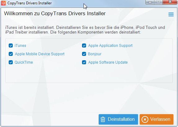 CopyTrans Drivers Installer entfernt iTunes und installiert die nötigen Treiber
